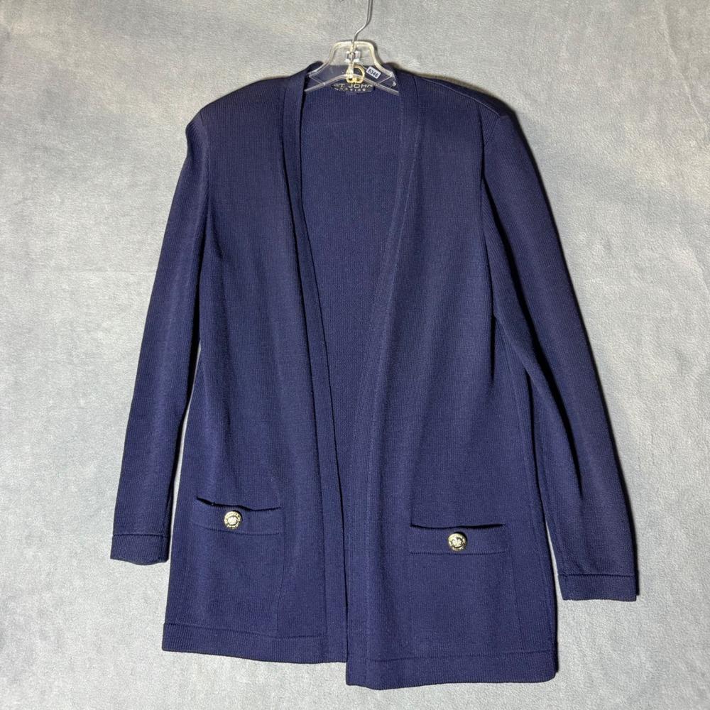 St John Basics Navy Blue Santana Knit Open Front Cardigan Gold Buttons Size S
